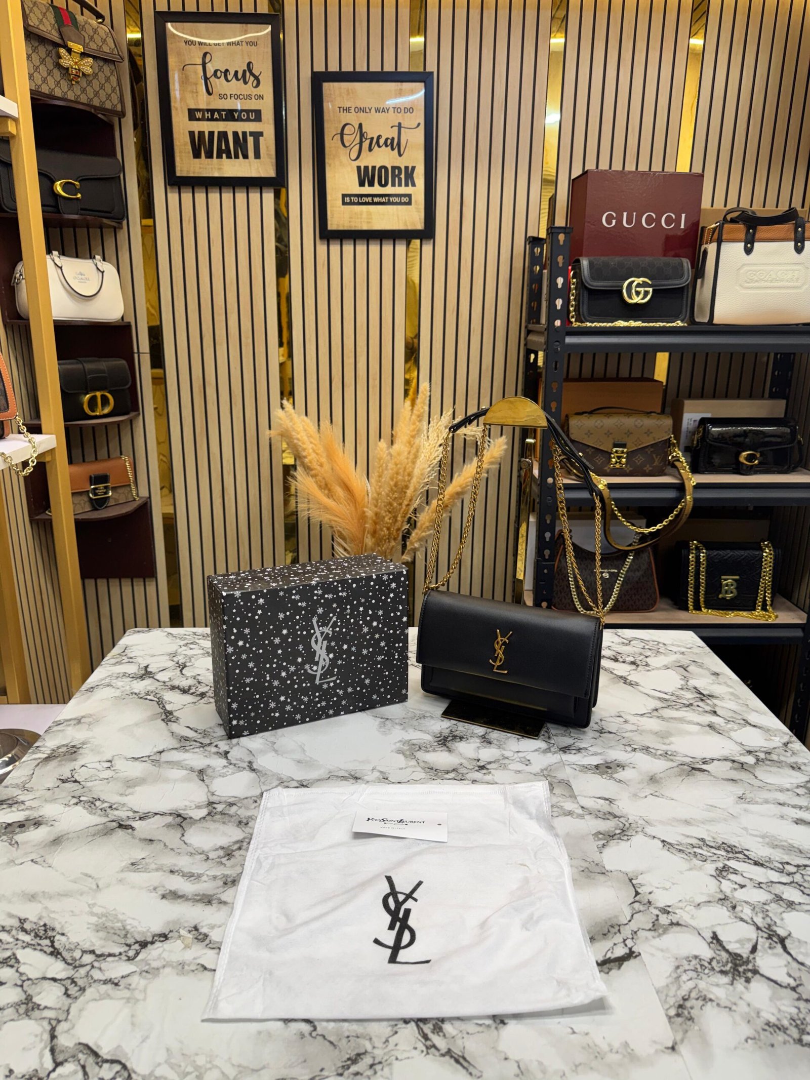 YSL SAINT LAURENT SUNSET PREMIUM SHOULDER BAG WITH OG BOX black