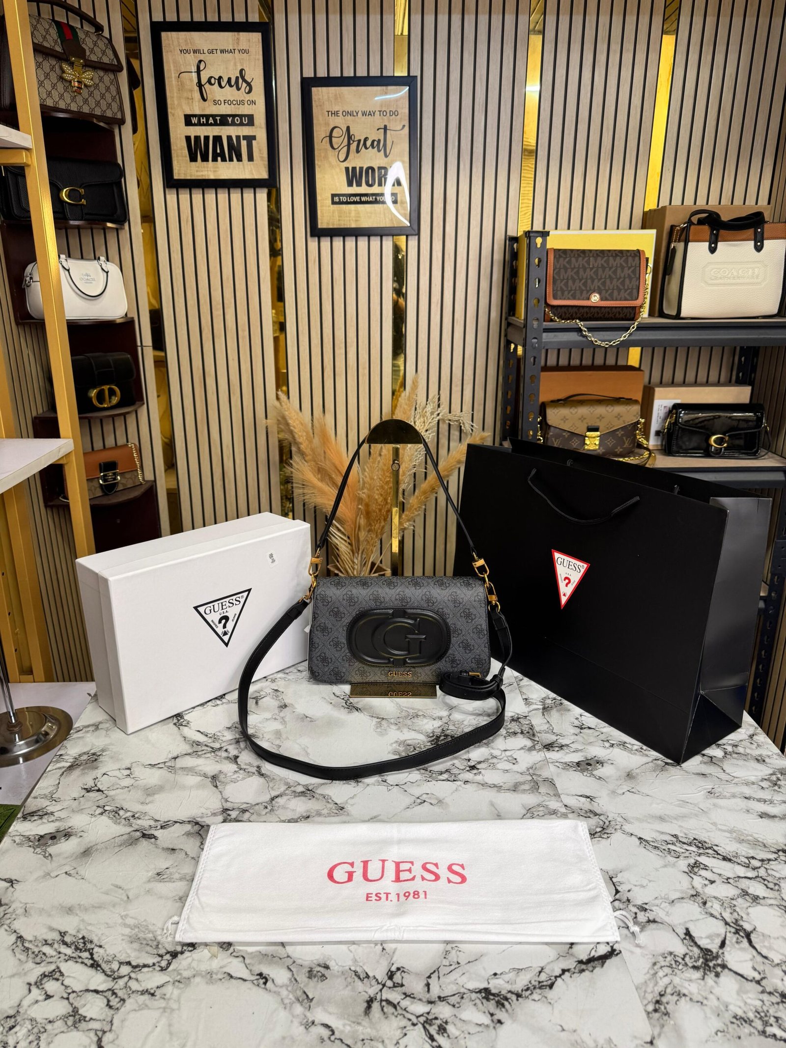 GUESS WOMENS ECO MIETTA FLAP SHOULDER PREMIUM BAG WITH OG BOX AND CARRY BAG