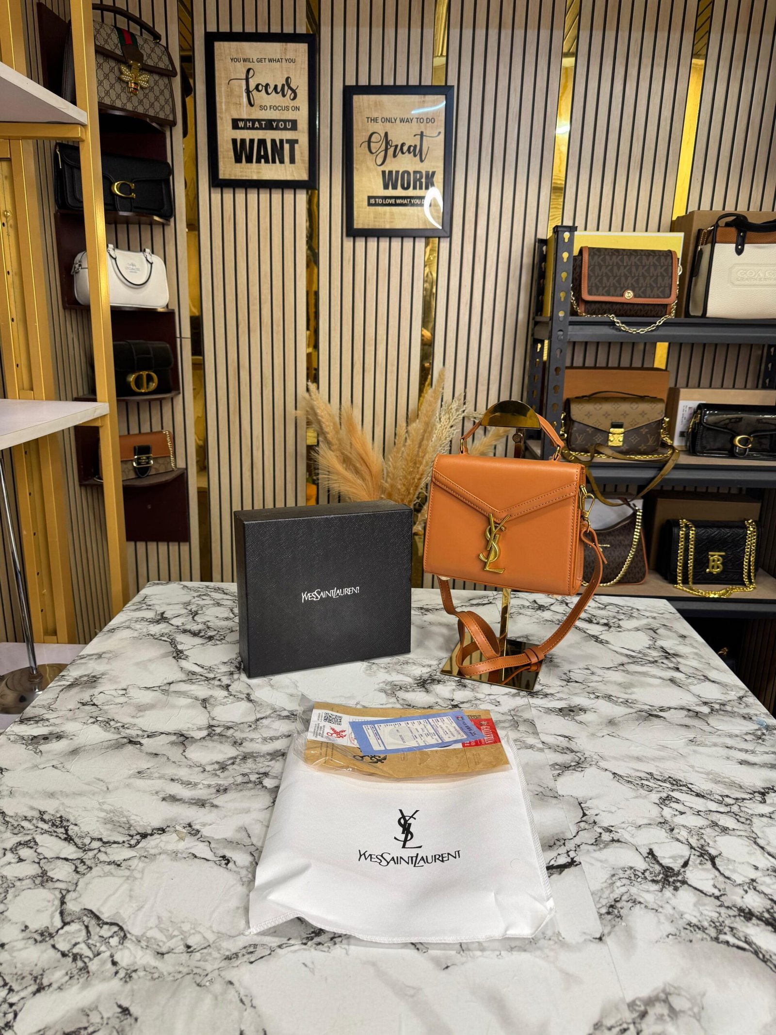 YSL SAINT LAURENT CASSANDRA TOP HANDLE PREMIUM BAG (BROWN )